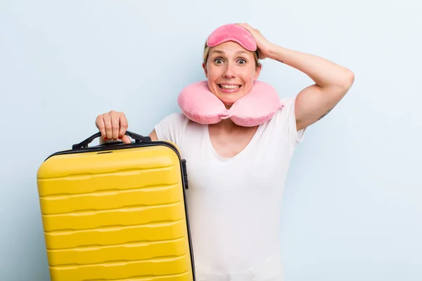 Young Adult Blonde Woman Feeling Stressed Anxious Scared Hands Head — Stockfoto