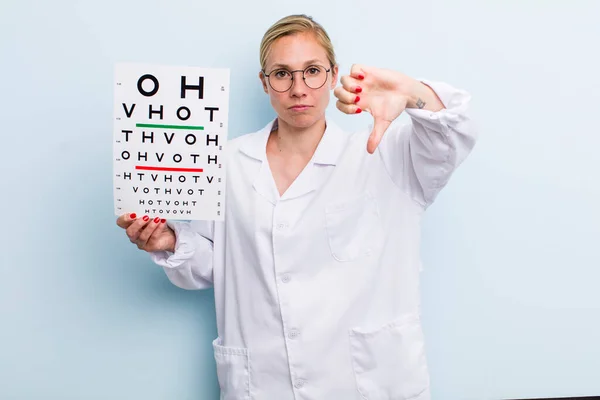 Young Adult Blonde Woman Feeling Cross Showing Thumbs Optical Vision — Stock Photo, Image