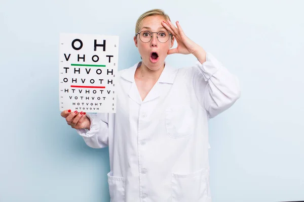 Young Adult Blonde Woman Looking Happy Astonished Surprised Optical Vision — Stockfoto