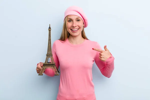 Young Adult Blonde Woman Feeling Happy Pointing Self Excited French — Stock Photo, Image