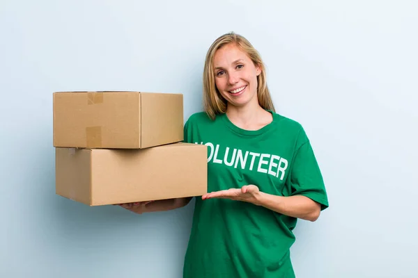 Young Adult Blonde Woman Smiling Cheerfully Feeling Happy Showing Concept — Stockfoto