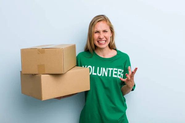 Young Adult Blonde Woman Looking Angry Annoyed Frustrated Volunteer Donation — Stockfoto