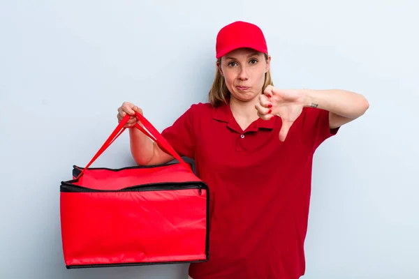 Young Adult Blonde Woman Feeling Cross Showing Thumbs Pizza Delivery — Stockfoto