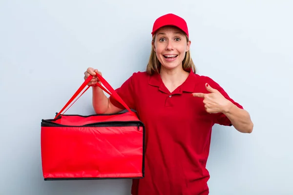 Young Adult Blonde Woman Feeling Happy Pointing Self Excited Pizza — Stockfoto