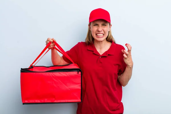 Young Adult Blonde Woman Looking Angry Annoyed Frustrated Pizza Delivery — Stok fotoğraf