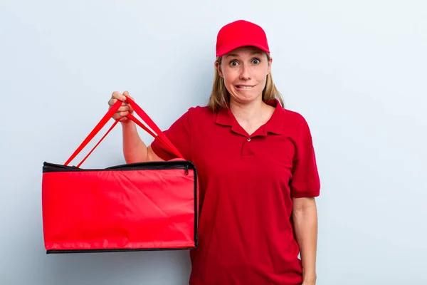 Young Adult Blonde Woman Looking Puzzled Confused Pizza Delivery Concept — Stockfoto