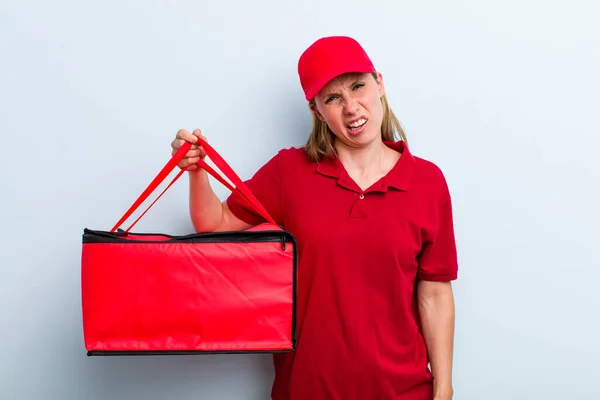 Young Adult Blonde Woman Feeling Puzzled Confused Pizza Delivery Concept — Stockfoto