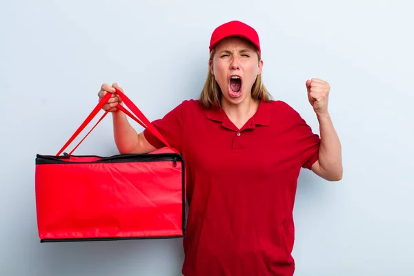 Young Adult Blonde Woman Shouting Aggressively Angry Expression Pizza Delivery — 스톡 사진