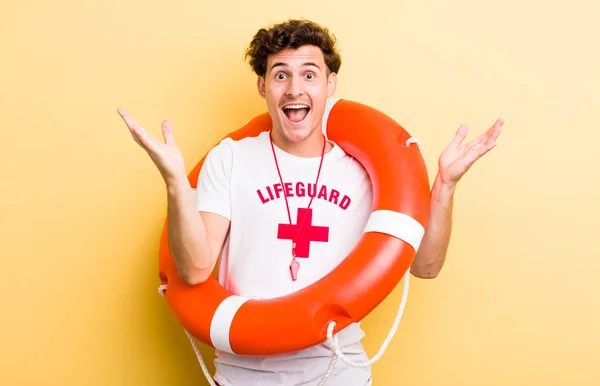 Young Handsome Guy Feeling Happy Astonished Something Unbelievable Lifeguard Concept — Stock Photo, Image