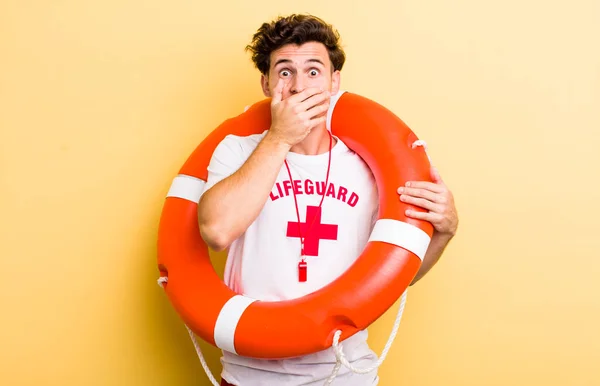 Young Handsome Guy Covering Mouth Hands Shocked Lifeguard Concept — Stock Photo, Image