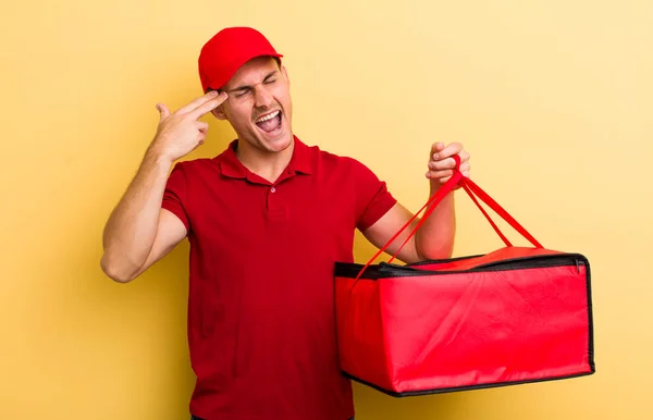 Ung Stilig Kille Ser Olycklig Och Stressad Självmordsgest Gör Pistol — Stockfoto