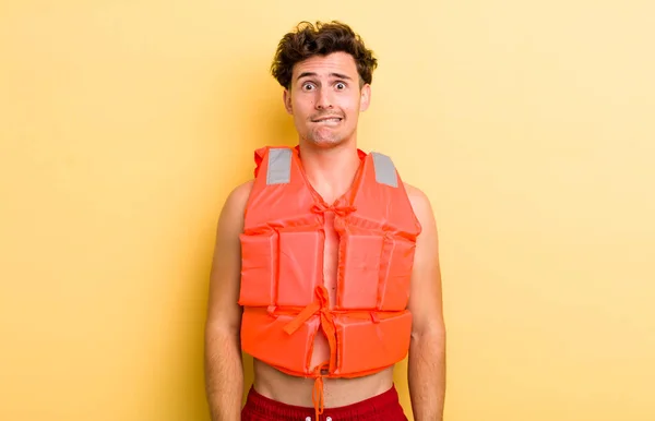 Young Handsome Guy Looking Puzzled Confused Life Jacket Boat Concept — Stock Photo, Image