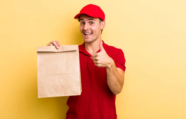 Young Handsome Guy Feeling Proud Smiling Positively Thumbs Delivery Take — Stock Photo, Image