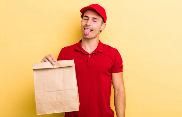 Young Handsome Guy Cheerful Rebellious Attitude Joking Sticking Tongue Out — Stock Photo, Image