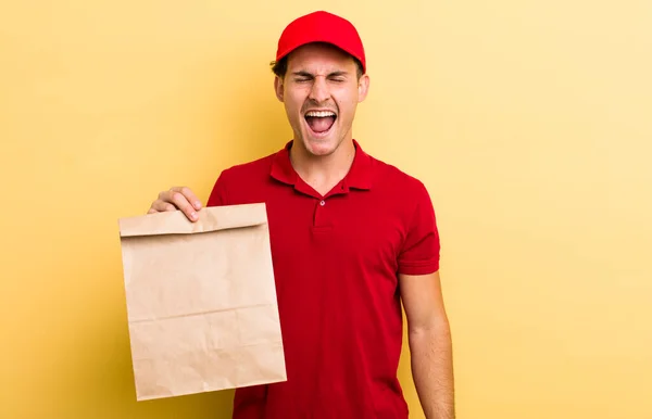 Young Handsome Guy Shouting Aggressively Looking Very Angry Delivery Take — Stockfoto