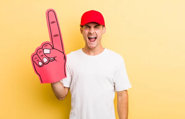 Young Handsome Guy Shouting Aggressively Looking Very Angry Number One — Stock Photo, Image