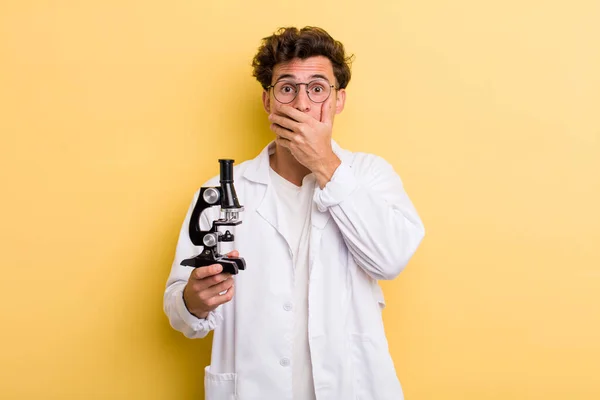 Young Handsome Guy Covering Mouth Hands Shocked Science Student Concept — Stock Photo, Image