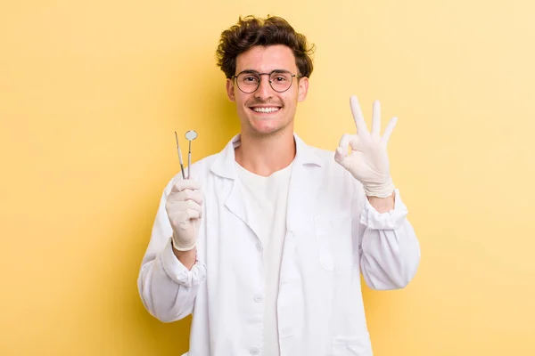 Young Handsome Guy Feeling Happy Showing Approval Okay Gesture Dentist — Stock Photo, Image
