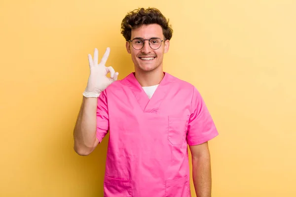 Young Handsome Guy Feeling Happy Showing Approval Okay Gesture Nurse — Stock Photo, Image