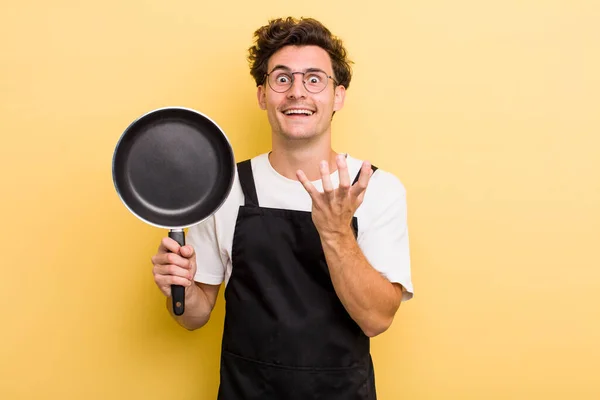 Young Handsome Guy Looking Desperate Frustrated Stressed Chef Pan Concept — Stock Photo, Image