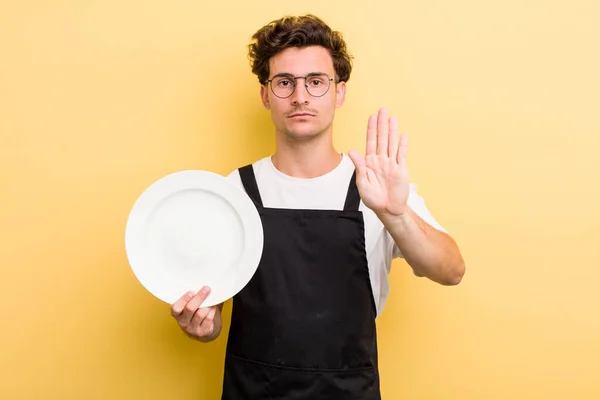 Young Handsome Guy Looking Serious Showing Open Palm Making Stop — Stock Photo, Image