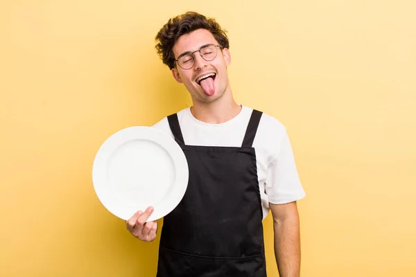 Young Handsome Guy Cheerful Rebellious Attitude Joking Sticking Tongue Out — Stock Photo, Image