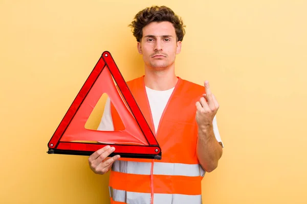 Young Handsome Guy Feeling Angry Annoyed Rebellious Aggressive Car Emergency — Stockfoto