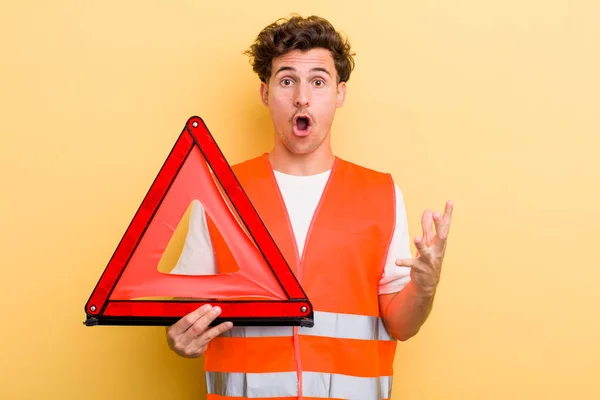 Young Handsome Guy Feeling Extremely Shocked Surprised Car Emergency Triangle — Stock Photo, Image