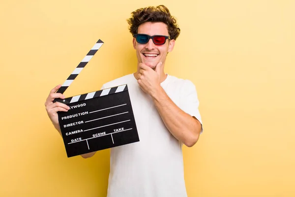 Young Handsome Guy Smiling Happy Confident Expression Hand Chin Movie — Stockfoto