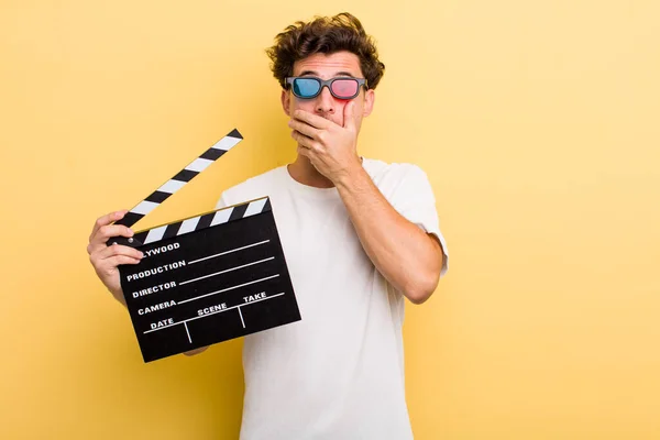 Young Handsome Guy Covering Mouth Hands Shocked Movie Concept — Stockfoto