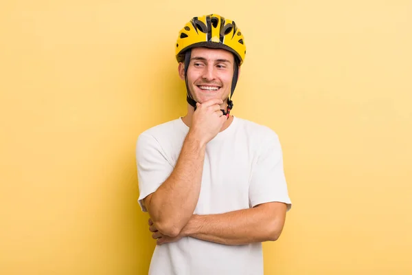 Young Handsome Guy Smiling Happy Confident Expression Hand Chin Bike — Stockfoto