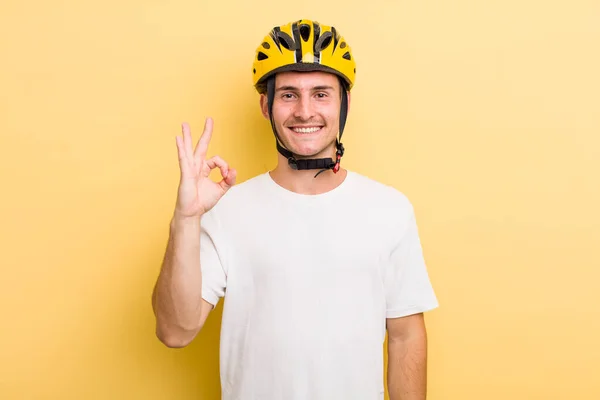 Young Handsome Guy Feeling Happy Showing Approval Okay Gesture Bike — Stockfoto