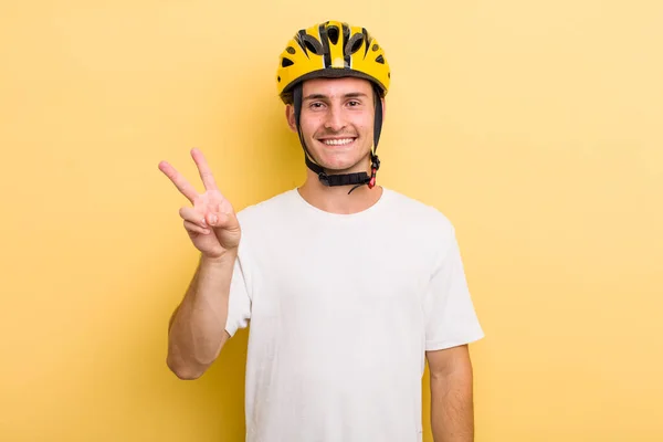 Young Handsome Guy Smiling Looking Happy Gesturing Victory Peace Bike — Stockfoto