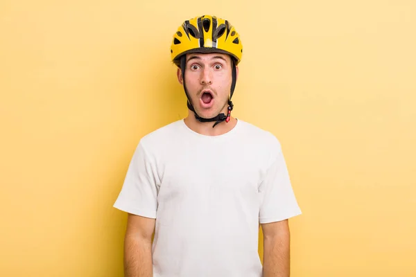 Young Handsome Guy Looking Very Shocked Surprised Bike Concept Bike — Stock Photo, Image