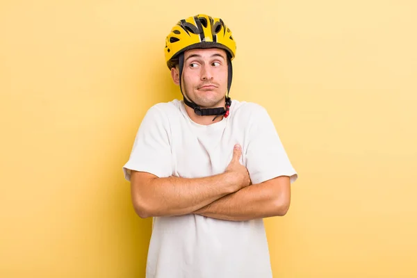 Young Handsome Guy Shrugging Feeling Confused Uncertain Bike Concept Bike — Stock Photo, Image