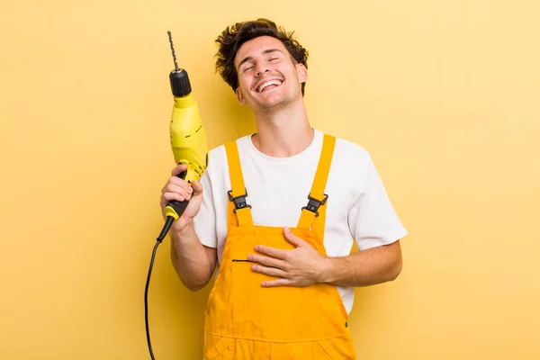 Young Handsome Guy Laughing Out Loud Some Hilarious Joke Handyman — Stock Photo, Image