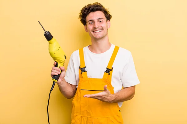 Young Handsome Guy Smiling Cheerfully Feeling Happy Showing Concept Handyman — Stockfoto