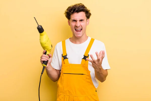 Young Handsome Guy Looking Angry Annoyed Frustrated Handyman Drill Concept — Stock Photo, Image