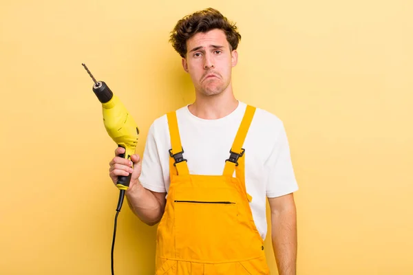 Young Handsome Guy Feeling Sad Whiney Unhappy Look Crying Handyman — Stockfoto