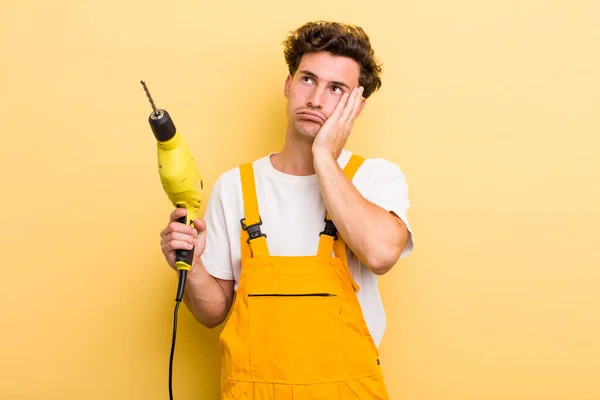 Young Handsome Guy Feeling Bored Frustrated Sleepy Tiresome Handyman Drill — Stockfoto