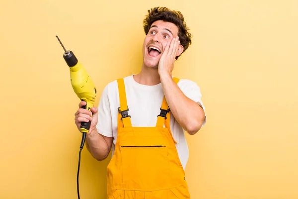 Young Handsome Guy Feeling Happy Excited Surprised Handyman Drill Concept — Stock Photo, Image