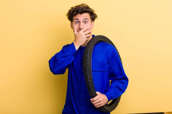 Young Handsome Guy Covering Mouth Hands Shocked Bike Mechanic Concept — Stockfoto