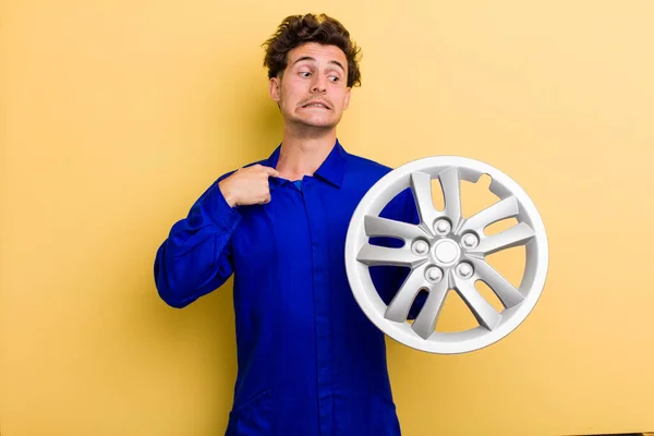 Young Handsome Teenager Feeling Stressed Anxious Tired Frustrated Car Mechanic — ストック写真