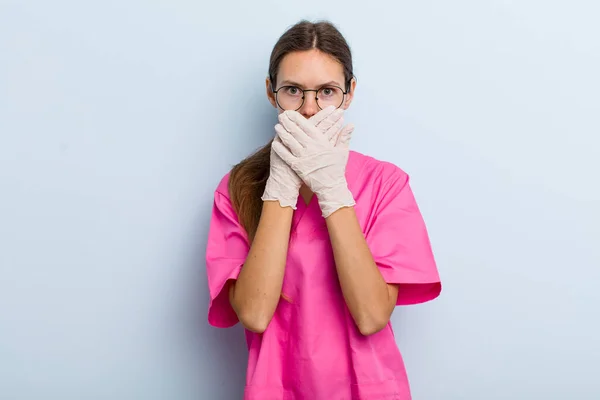 Young Adult Woman Covering Mouth Hands Shocked Nurse Concept — Stockfoto