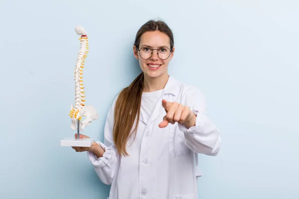 Young Adult Woman Pointing Camera Choosing You Spine Specialist Concept — Stockfoto
