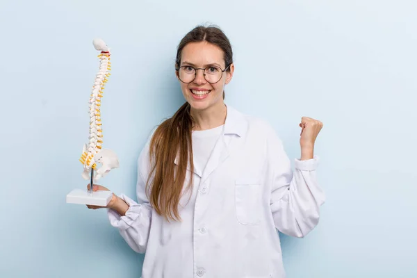 Young Adult Woman Feeling Shocked Laughing Celebrating Success Spine Specialist — Stockfoto