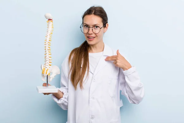 Young Adult Woman Feeling Happy Pointing Self Excited Spine Specialist — Stockfoto