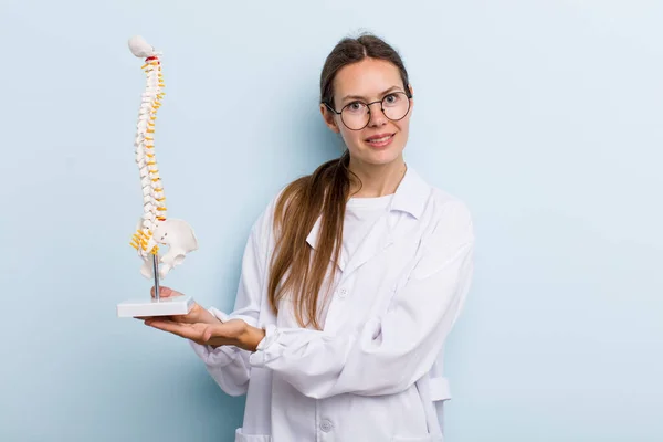 Young Adult Woman Smiling Cheerfully Feeling Happy Showing Concept Spine — Stockfoto