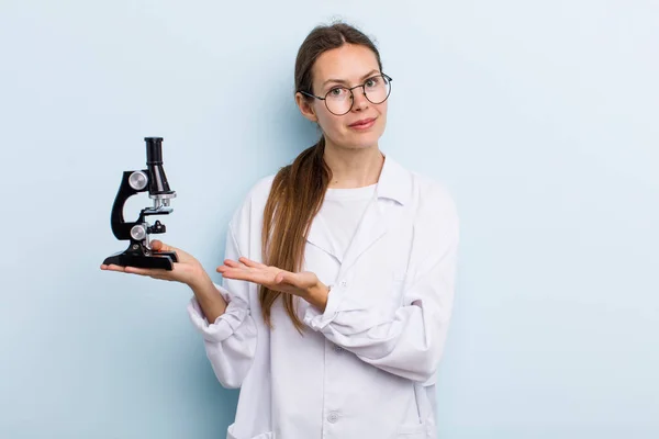 Young Adult Woman Smiling Cheerfully Feeling Happy Showing Concept Scientist — Stockfoto