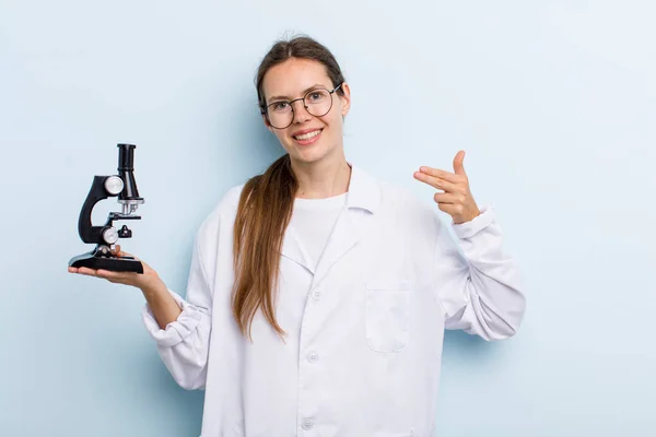 Young Adult Woman Smiling Confidently Pointing Own Broad Smile Scientist — Stockfoto